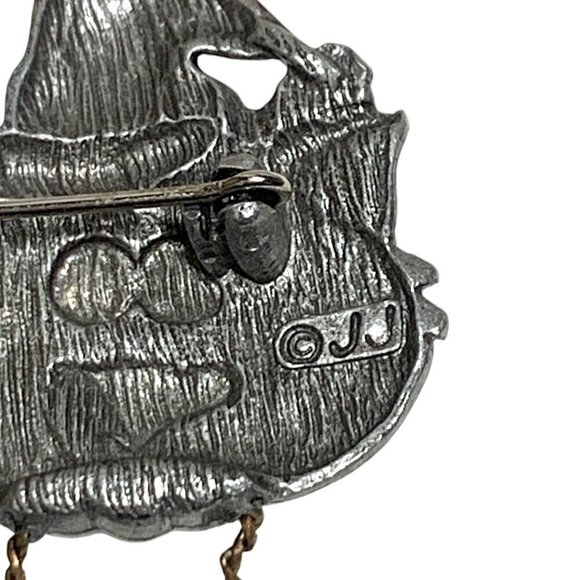 JJ Silver Tone "Happy Holidays" Cat Pin With Santa Hat & Mouse 3" - Picture 3 of 5